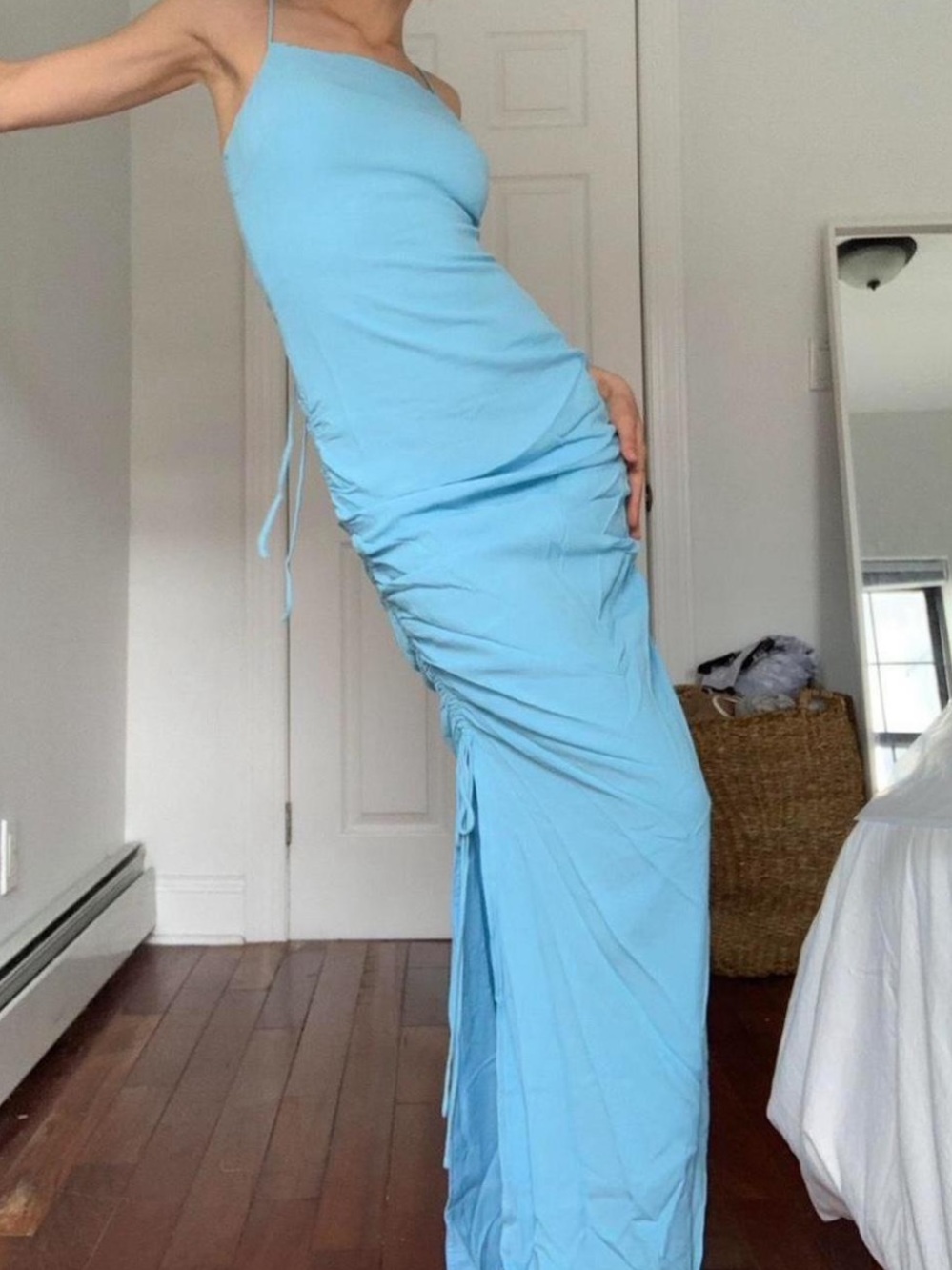 Light Blue Ruched Side Maxi Skirt